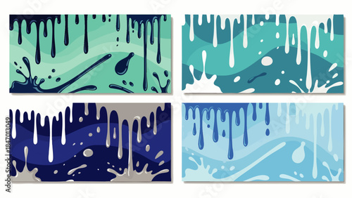 Abstract backgrounds with dripping paint and splashes in various shades of blue and green, representing fluidity and creativity