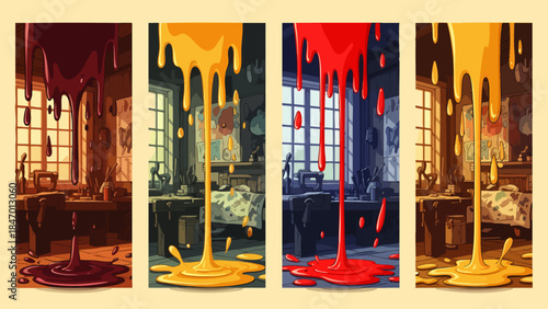 Abstract art with dripping paint in four color palettes, evoking creativity and artistic expression in a studio setting.