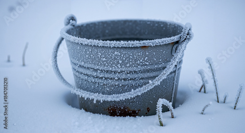Frosted water bucket surrounded by snow in winter landscape  