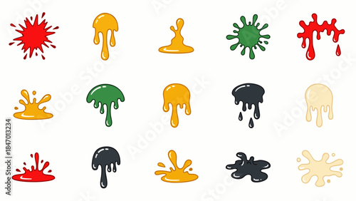 Collection of colorful liquid splatters and drips, representing paint, ink, or slime in various shapes and colors