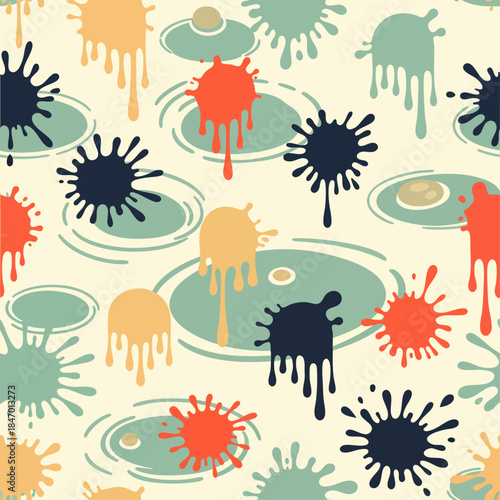 Seamless pattern of colorful paint splatters and drops on a light background, abstract design