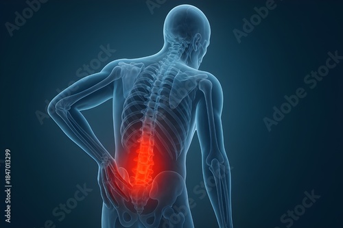 X-ray of human spine with lower back pain highlight in red.