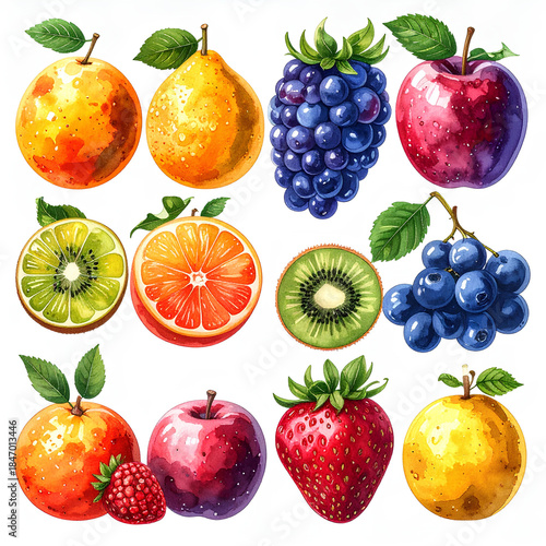 Watercolor fruits set, white background, PNG, 