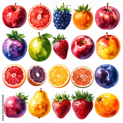 Watercolor fruits set, white background, PNG, 