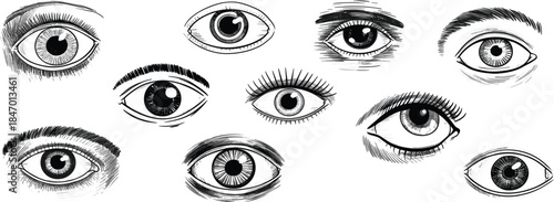 Hand drawn vintage eye collection, detailed ink sketch style human eyes, mystical symbol graphic set