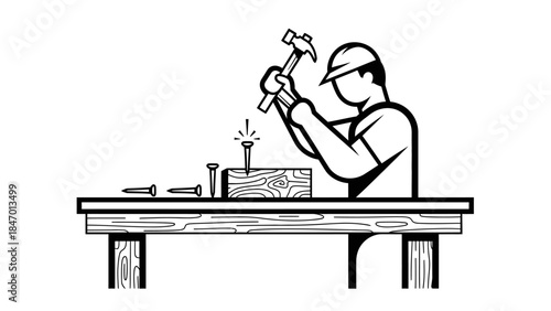 Construction at Work: Depicting a focused construction worker skillfully hammering a nail into wood, embodying craftsmanship and the building process. 