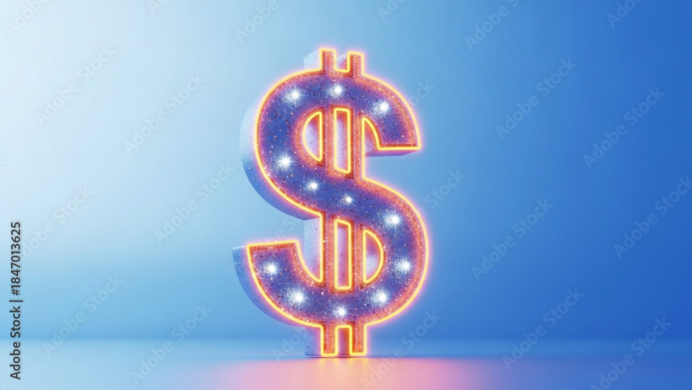 Obraz premium Glowing neon dollar sign on blue background with starry night effect