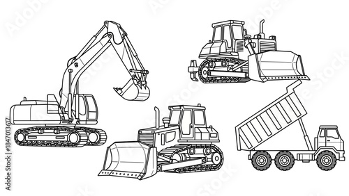 Construction Equipment Collection: A comprehensive monochrome illustration showcases essential construction machinery, highlighting the power and precision of these industrial workhorses.