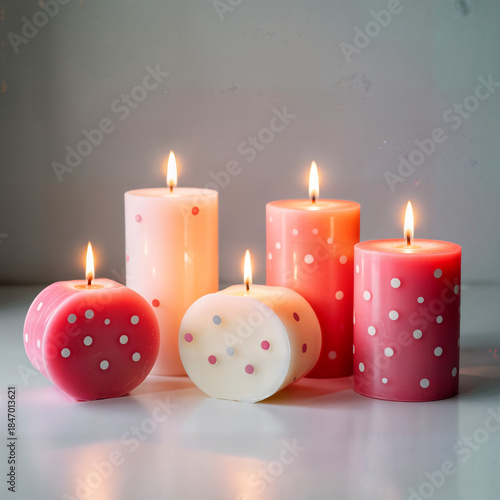 Wallpaper Mural "Pink and White Polka Dot Candles Lit on Reflective Surface — Cozy Romantic Candle Arrangement with Soft Glow" Torontodigital.ca