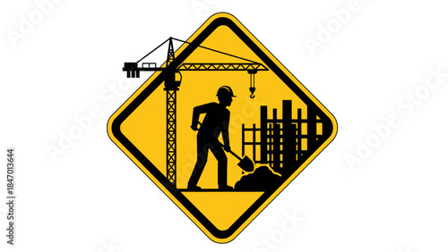 Construction Zone Sign: A yellow warning sign featuring a silhouette of construction worker, symbolizes construction, with a construction crane.