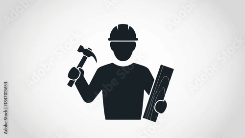 Construction Worker Icon: A silhouetted construction worker, embodying skill and precision, is poised with a hammer in one hand and a wooden plank in the other.