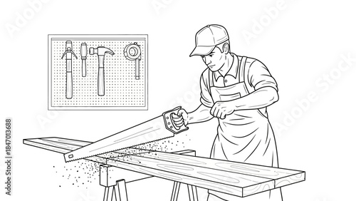 Craftsman's Precision: A skilled artisan meticulously cuts a wooden plank with a saw, embodying the essence of craftsmanship and precision in a workshop setting.