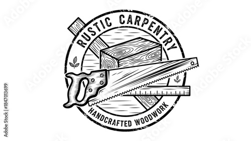 Vintage Carpentry Emblem: An antique carpentry emblem, showcasing a saw and wood block, encapsulates the craftsmanship and rustic allure of traditional woodworking. A testament to skill and artistry