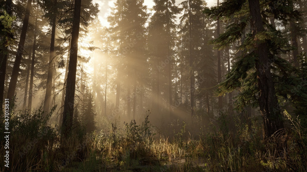Obraz premium dawn forest scene with fog and warm light, ultra realistic, no people 
