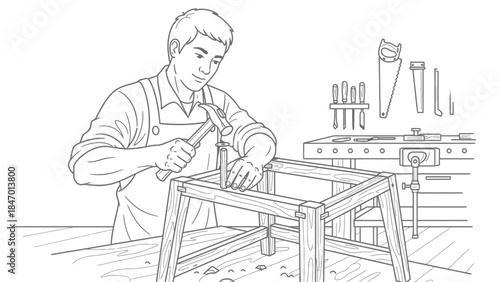 Crafting Legacy: A skilled artisan, absorbed in their craft, meticulously shapes a wooden frame, demonstrating precision, and a love for creation.