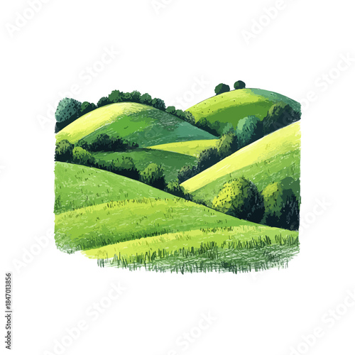 rolling green hills hand drawn illustration