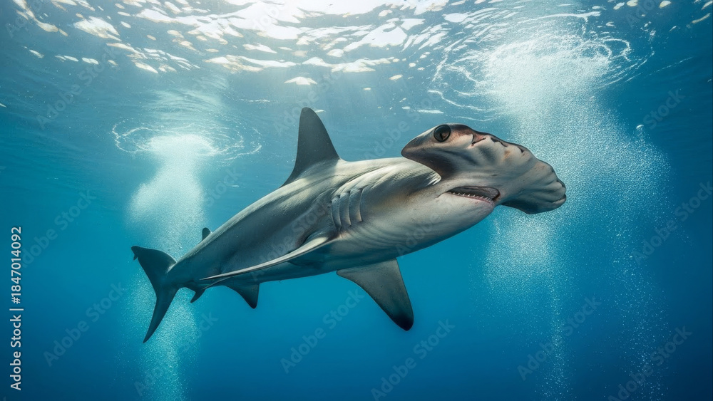 Naklejka premium Majestic Hammerhead Shark Glides Through Deep Blue Ocean Waters Near Sunlit Surface