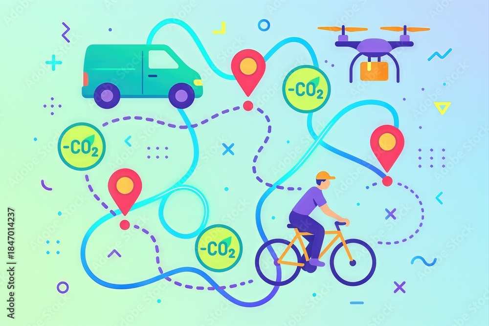 Fototapeta premium Innovative Urban Mobility Solutions Featuring Electric Delivery Van and Bicycle Commuter Demonstrating CO2 Reduction Strategy with Interactive GPS Mapping and Drone Logistics Framework