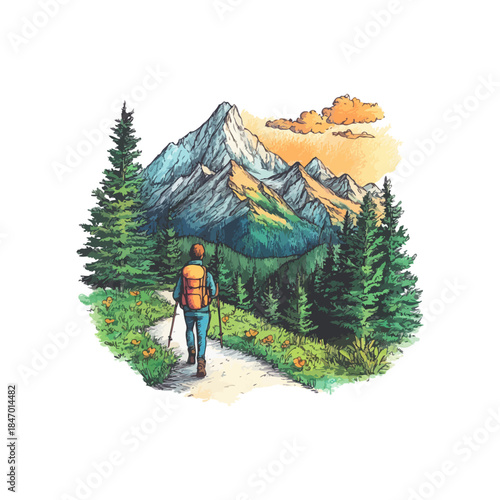 summer mountain hiking drawn vector illustration