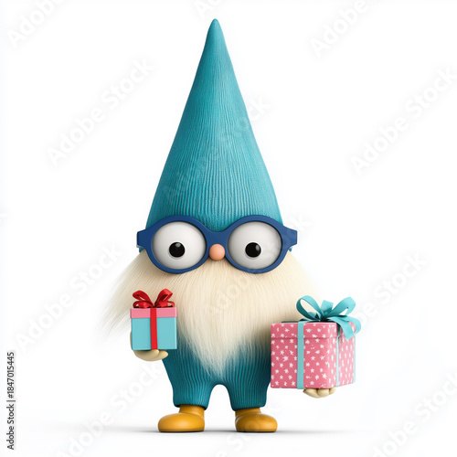 Blue gnome is holding a pink and blue gift box