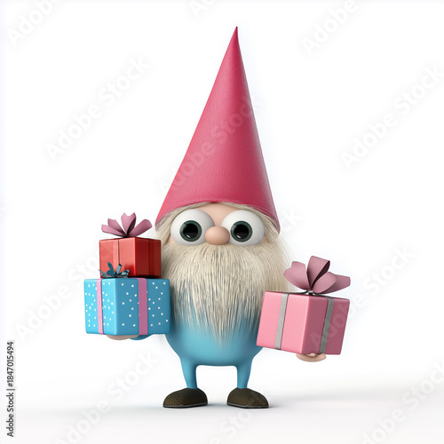 Gnome is holding a pink and blue box