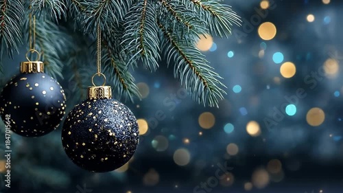 Dark Christmas ornaments hanging on a pine branch with bokeh lights