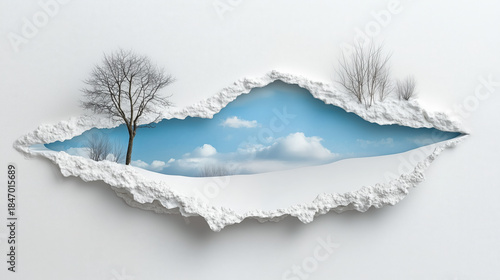 White paper with a tree and clouds in the background. Winter landscape in section.