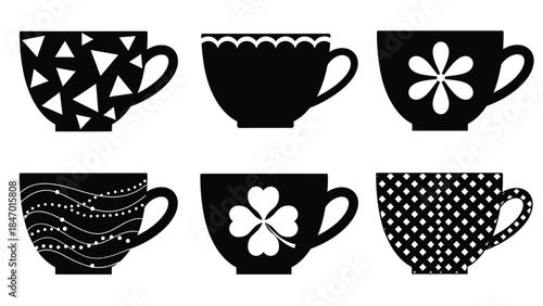 Collection of six stylized black and white teacup silhouettes featuring various decorative patterns and designs
