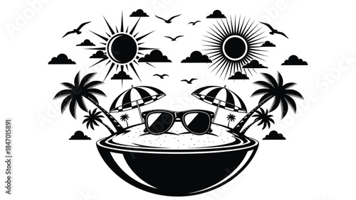 Tropical cocktail island scene with sunglasses and palm trees captured in a stylized black and white graphic