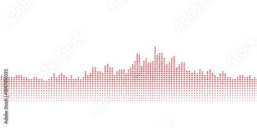Vector illustration of an abstract music equalizer and blue notes merging with a financial market bar chart and urban skyscraper skyline
