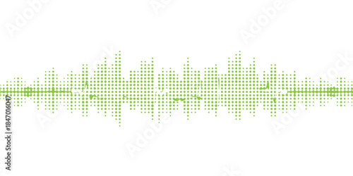 Green abstract music background featuring a digital audio wave equalizer illustration with blue light frequency pulses and technology design elements