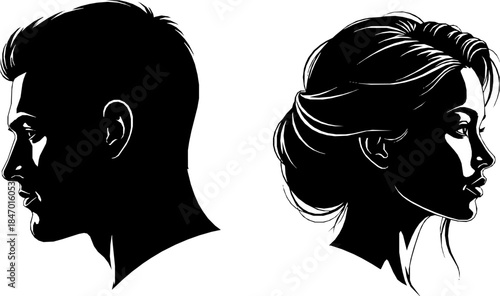 vector set, Vector illustration of silhouette man and woman portrait in profile. Male and female head on a white background side view.
