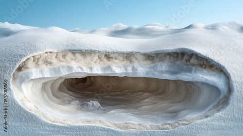 Large hole in the snow with a white wall. Snowy ice cave underground.
