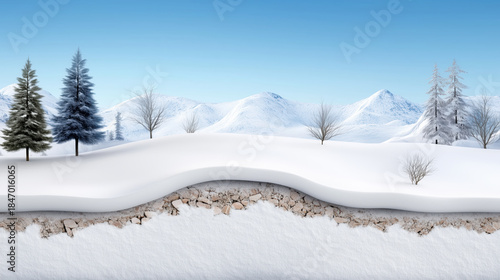 Snowy landscape with a mountain in the background. Winter landscape in section.