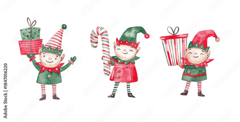 Naklejka premium Fun Christmas elves set. Xmas characters hand drawn with watercolor. Cute smiling Christmas elf. Design elements for creating greeting cards, posters, invitations