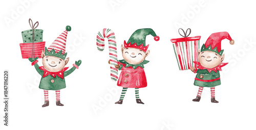 Fun Christmas elves set. Xmas characters hand drawn with watercolor. Cute smiling Christmas elf. Design elements for creating greeting cards, posters, invitations