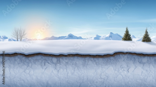 Snowy landscape with a mountain in the background. Winter landscape in section.
