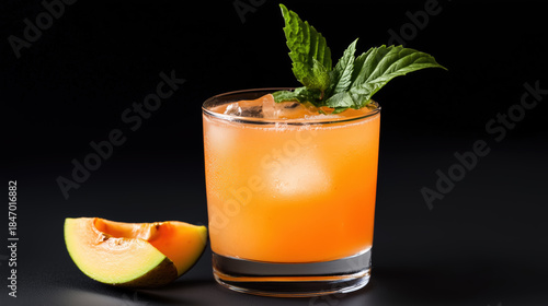 Orange drink with mint leaves and cantaloupe slice in glass with ice isolated on black background