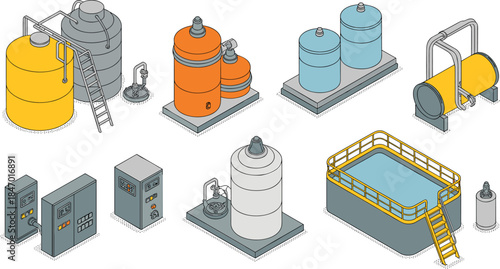Isometric industrial storage tanks equipment set chemical fuel water containers factory infrastructure vector illustration