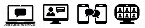 Online meeting icon set. Video conference, remote work, digital communication, webinar and virtual discussion symbols – stock vector