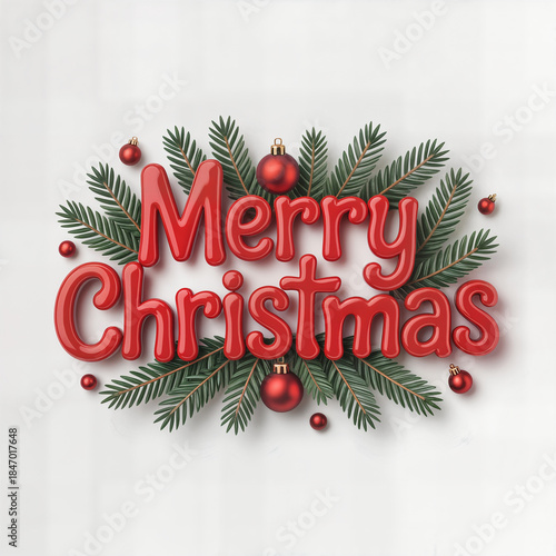 Wallpaper Mural "Merry Christmas 3D Text with Pine Branches and Red Baubles on Neutral Background — Festive Holiday Greeting Composition" Torontodigital.ca