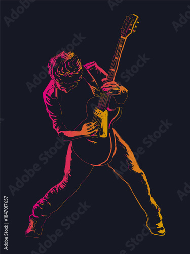 A grunge-style vector image of a guitarist on a dark background. Perfect for your illustrations in a colorful, musical style.