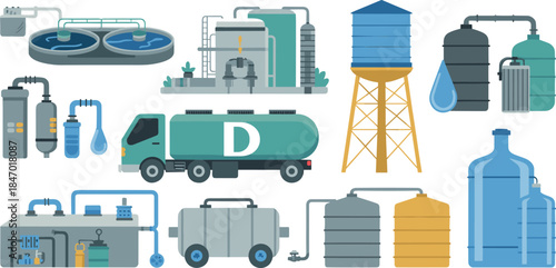 Water treatment plant infrastructure process system storage tanks pipes filtration purification industrial vector illustration set
