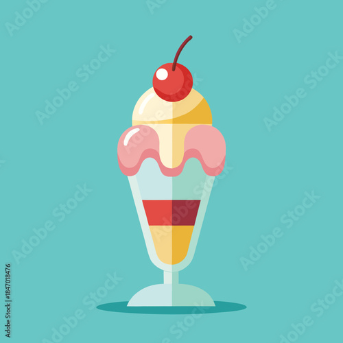 Ice Cream Sundae in Glass Cup with Cherry – Flat Vector Dessert Illustration