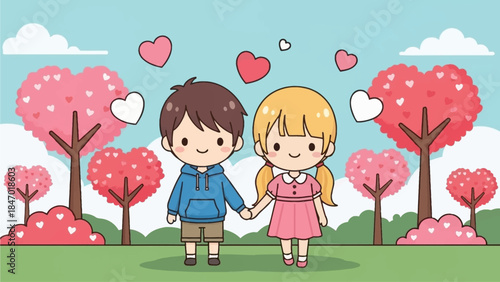 A charming flat design illustration depicts a cute anime couple happily walking hand-in-hand through a whimsical park filled with heart-shaped trees, celebrating love. 