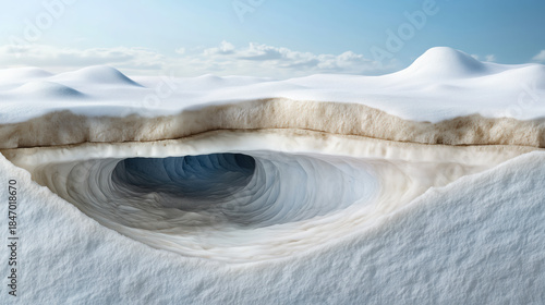 Large hole in the snow. Snowy ice cave underground.