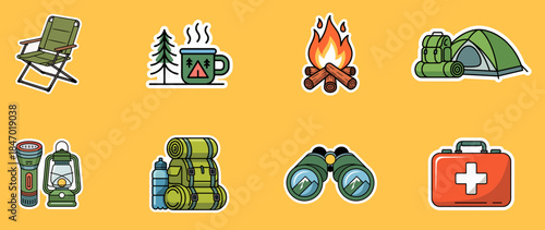 camping gear sticker collection with tent, campfire and hiking equipment