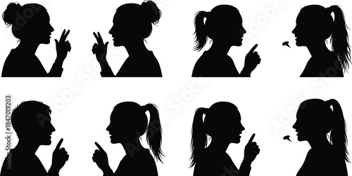 Set of diverse people silhouettes making a 'shhh' gesture, finger on lips, indicating silence, secret, gossip, or a confidential conversation, vector illustration pack.