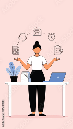 Woman managing multiple icons including calls messages and calendar at desk