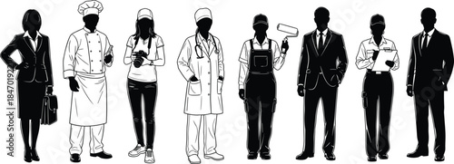 Set of diverse professional occupations and careers silhouettes, including medical, business, chef, and laborer roles, vector illustration bundle.